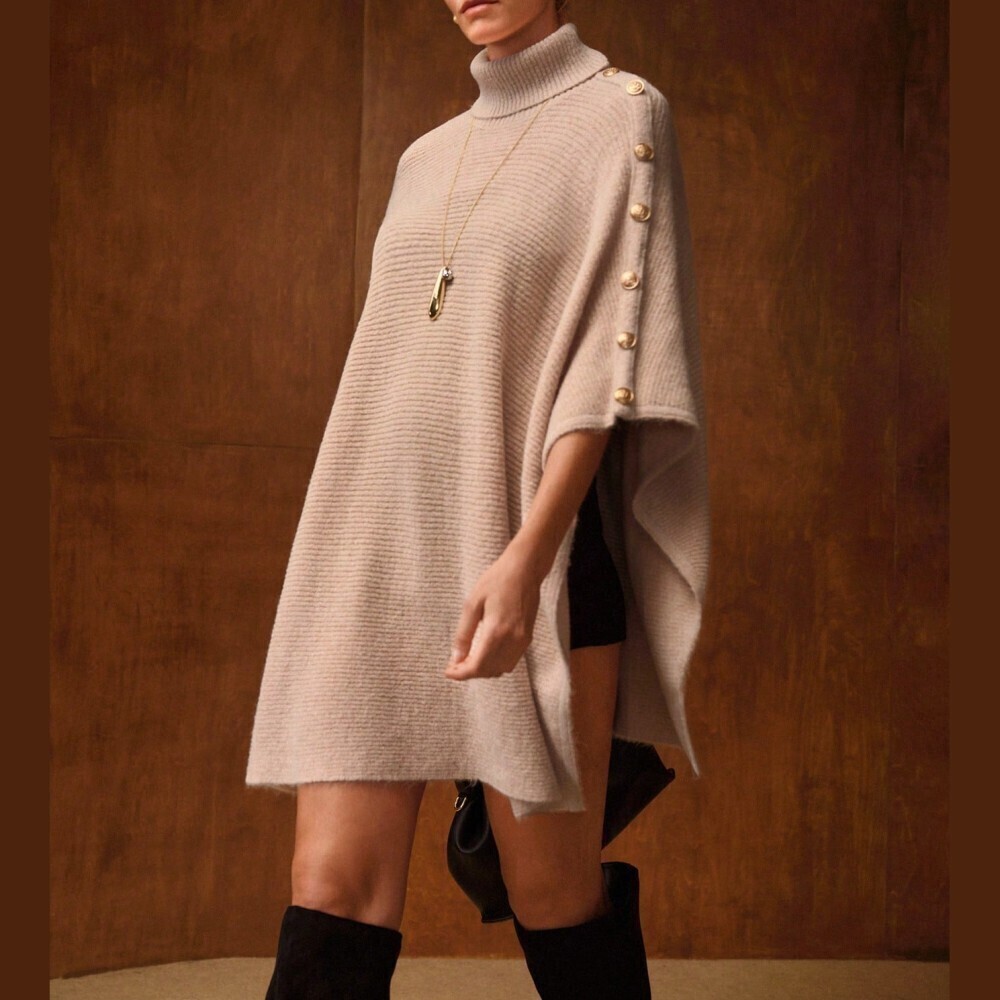 Tan Ribbed Knit Turtleneck Poncho Sweater with Faux Shoulder Buttons